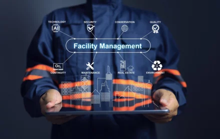 Facility management concept, facility worker holding graphic illustrations of facility management components