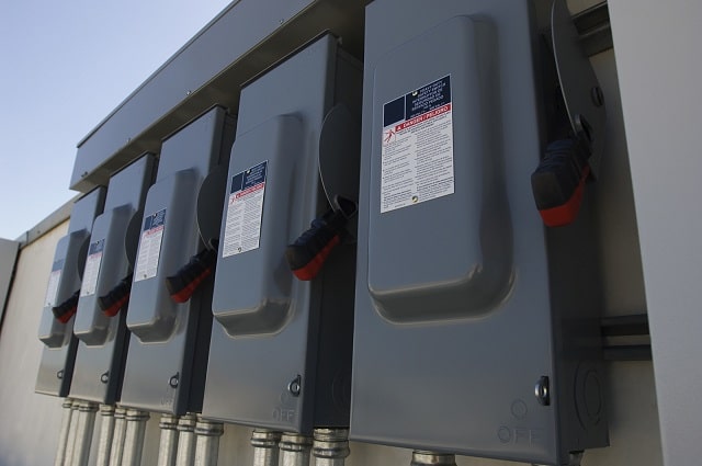 Electrical breaker boxes at a solar power plant 
