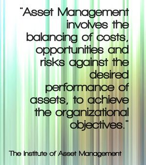 "Asset Management involves the balancing of costs, opportunities and risks against the desired performance of assets, to achieve the organizational objectives." - IAM