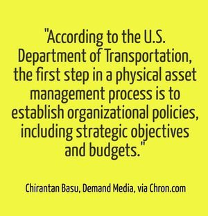 "According to the U.S. Department of Transportation, the first step in a physical asset management process is to establish organizational policies, including strategic objectives and budgets. " - Chirantan Basu, Demand Media via Chron.com