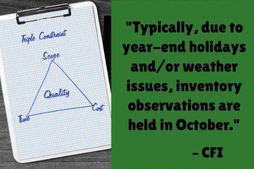 "Typically, due to year-end holidays and/or weather issues, inventory observations are held in October." - CFI