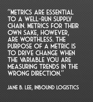 "Metrics are essential to a well-run supply chain. Metrics for their own sake, however, are worthless. The purpose of a metric is to drive change when the variable you are measuring trends in the wrong direction." - Jane B. Lee, Inbound Logistics