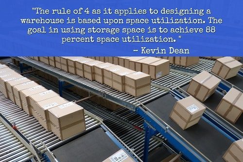 "The rule of 4 as it applies to designing a warehouse is based upon space utilization. The goal in using storage space is to achieve 88 percent space utilization." - Kevin Dean