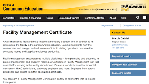 Facility Management Certificate - University of Wisconsin Milwaukee