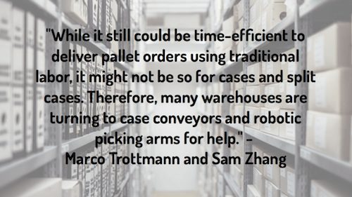 "While it still could be time-efficient to deliver pallet orders using traditional labor, it might not be so for cases and split cases. Therefore, many warehouses are turning to case conveyors and robotic picking arms for help." - Marco Trottmann and Sam Zhang