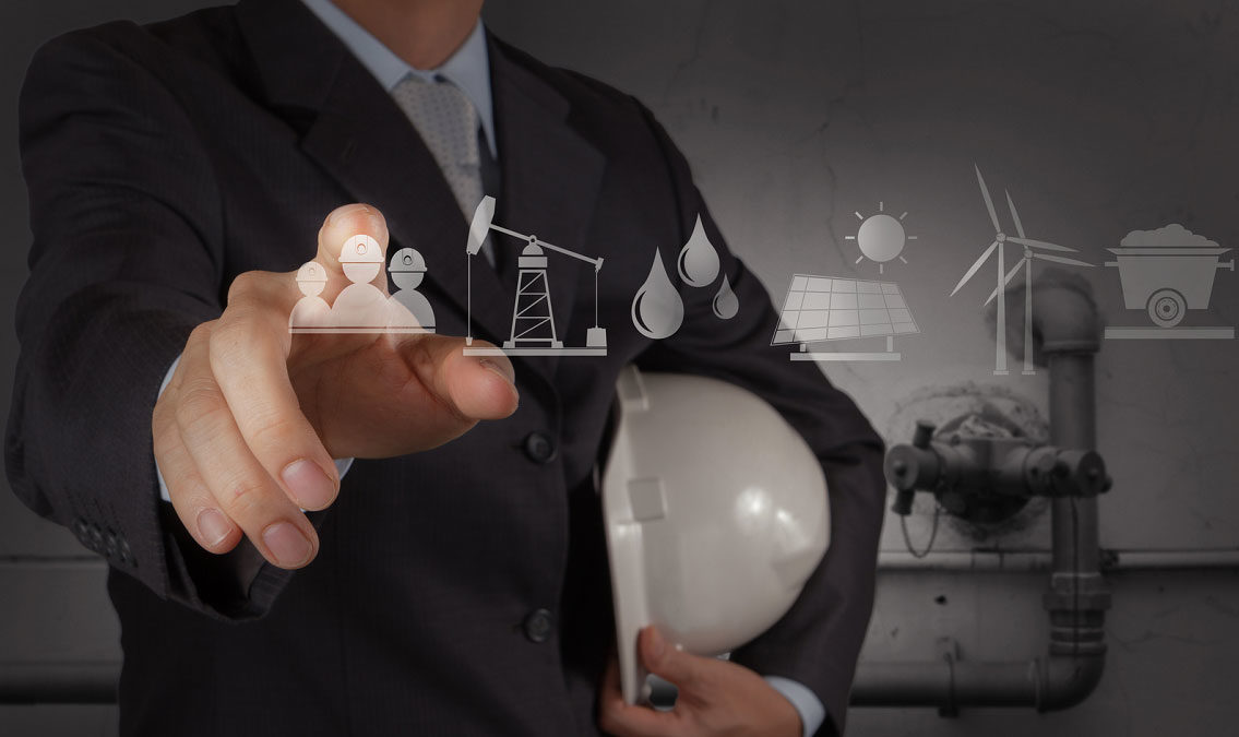 Businessman with hardhat pointing to facility maintenance icons