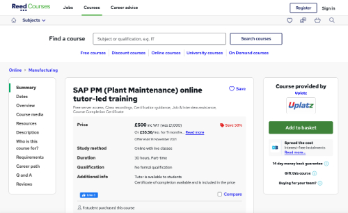 SAP PM (Plant Maintenance) online tutor-led training (Reed)