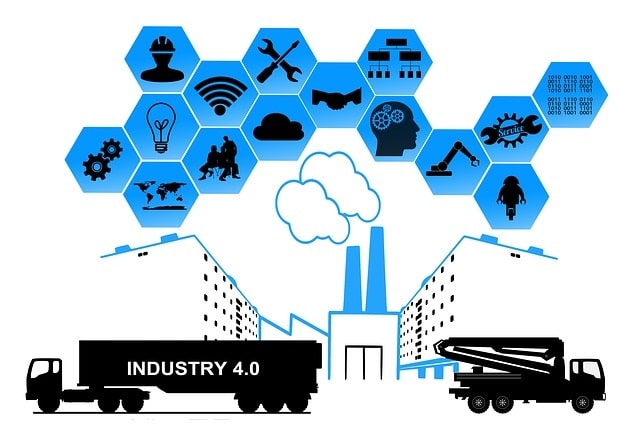 Industry 4.0 graphic with truck icons and function icons