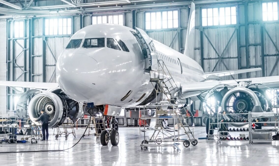 Aircraft in a hangar for maintenance