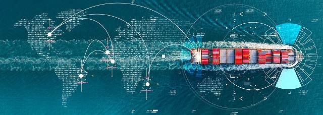 Cargo carrier traveling a route with graphic overlay representing the global supply chain