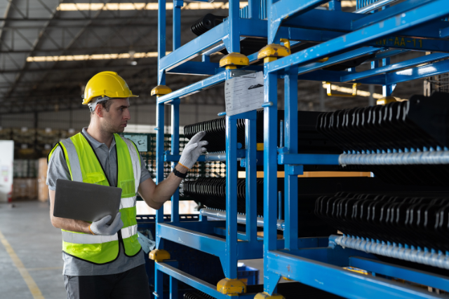 Maintenance worker checking spare parts inventory 