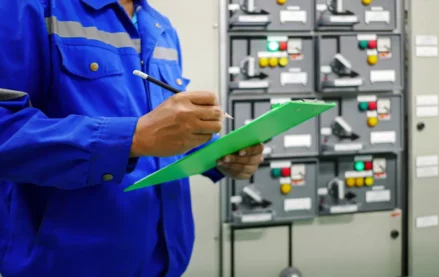Close-up of an engineer checking items off a list on a clipboard