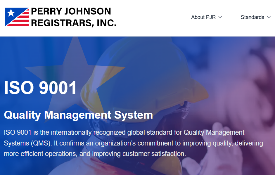 Perry Johnson Registrars, Inc. webpage highlighting ISO 9001 Quality Management System certification and international quality standards